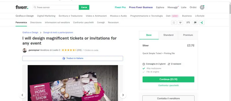Interfaccia di Fiverr per creare inviti per festa di compleanno