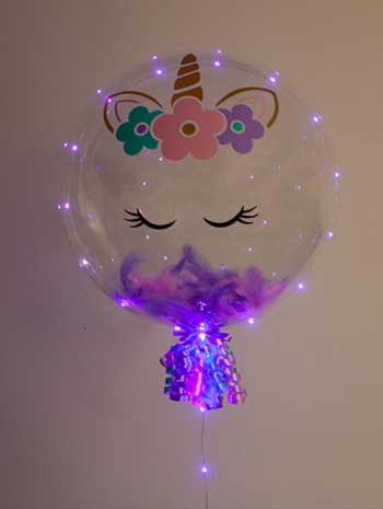allestimento palloncini fai da te per festa unicorno - palloncino trasparente con elio, piume e lucine led