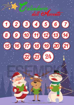 calendario dell'avvento da stampare a colori con babbo natale, renna e pupazzo di neve