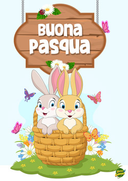 coniglietti nel cesto con fiori e farfalle  - biglietto di pasqua per bambini da stampare gratis