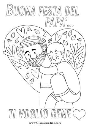 Papà con bambino che dorme sulle spalle - cuore e natura - disegno da stampare e colorare per la festa del papà