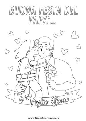padre e figlia con regalo e margherita -- disegno da stampare e colorare per la festa del papà