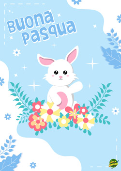 Pasqua Magica - coniglio con composizione floreale- biglietto di pasqua per bambini da stampare gratis