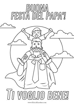 papà con figlio al tramonto - disegno da stampare e colorare per la festa del papà