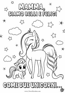 biglietto da colorare per la festa della mamma - unicorno mamma e unicorno figlia - nuvole e stelle