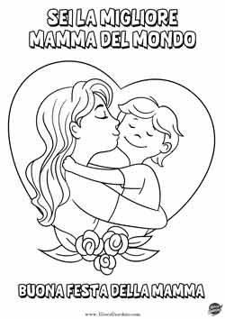 mamma e bambino con cuore e rose - disegno per la festa della mamma da colorare