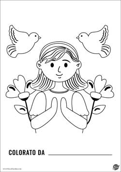 bambina comunicanda con colombe - disegno comunione da stampare e colorare gratis