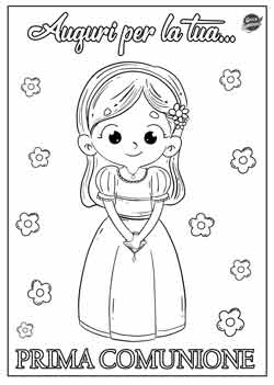 bambina con vestito, fiori e rosario - Biglietto prima comunione da stampare e colorare