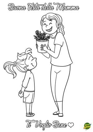 biglietto festa della mamma da colorare - Bambina consegna vaso di fiori alla mamma come regalo - Buona festa della mamma, ti voglio bene