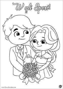 sposo e sposa con bouquet - disegno matrimonio da colorare per bambini