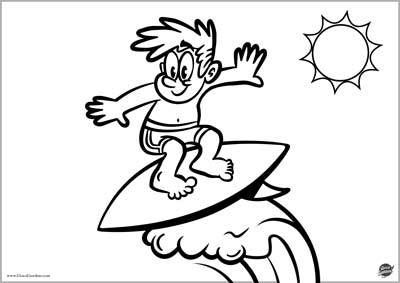 personaggio su tavola da surf sotto il sole da colorare - tema estate