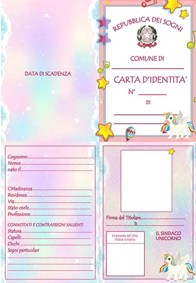 carta d'identità per bambini a tema unicorni da stampare