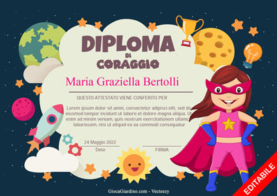 diploma di coraggio da compilare e stampare per femmine