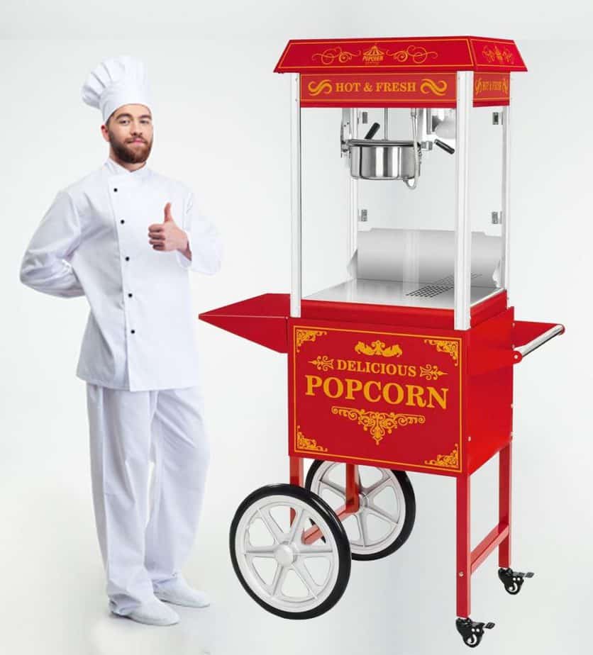 Cuoco con carretto dei popcorn professionale rosso