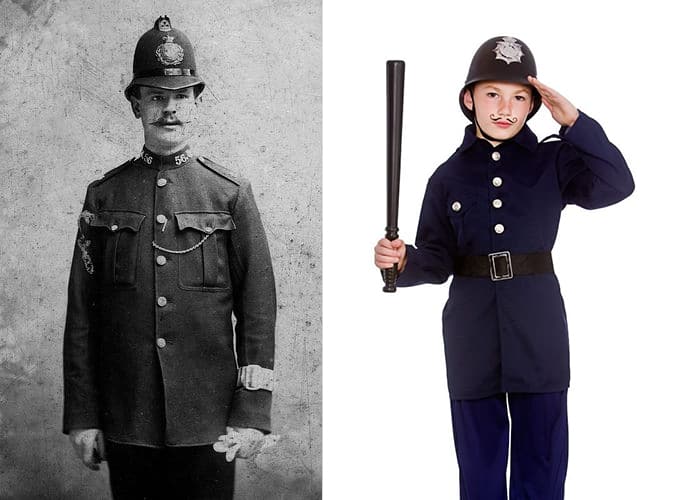 poliziotto vittoriano e bambino con costume di carnevale
