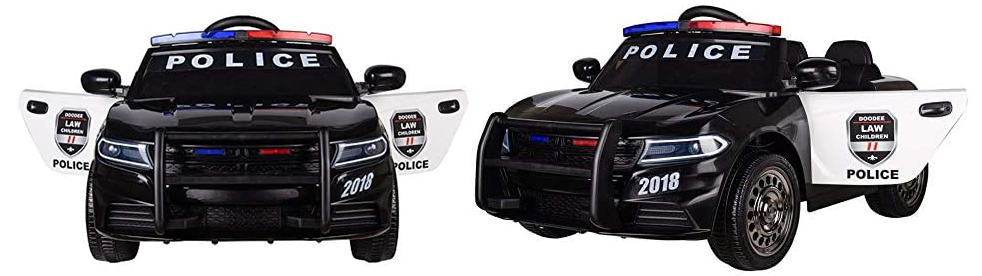 macchina elettrica cavalcabile per bambini della polizia - fronte e lato