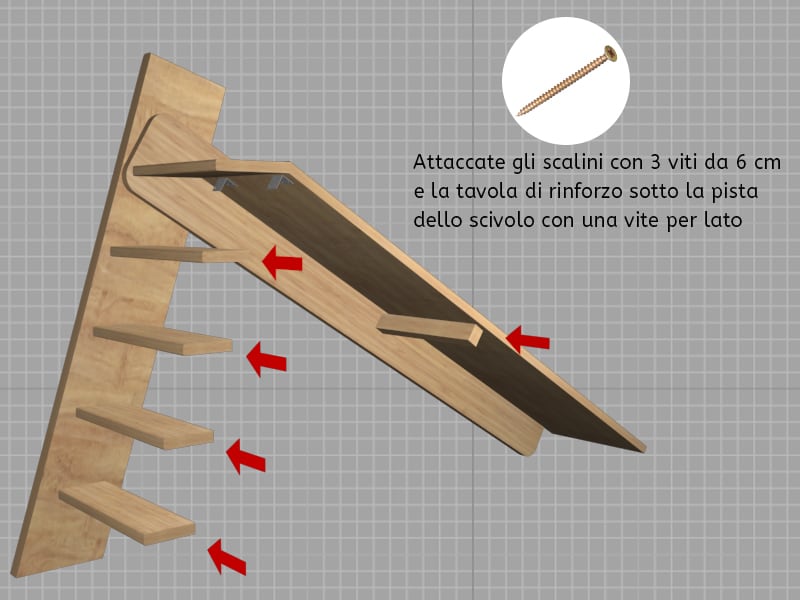 Come costruire uno scivolo in legno fai da te - Passo 10. Attaccare gli scalini ed un rinforzo per la pista