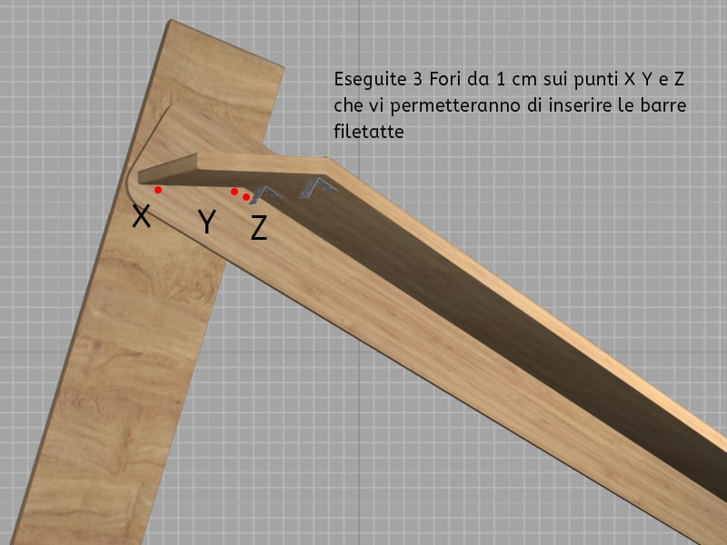 Come costruire uno scivolo in legno fai da te - Passo 9. Realizzate 3 buchi nei punti X Y e Z
