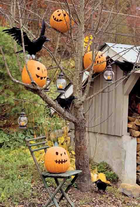 zucche di halloween attaccate agli alberi - decorazioni halloween fai da te