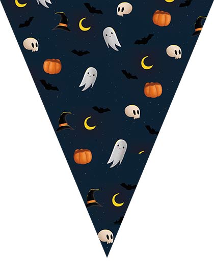 bandierine di Halloween da stampare con pattern di fantasmini, lune, zucche, cappelli da strega e teschi