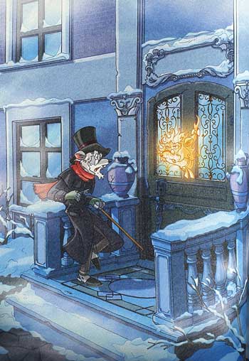 Ebenezer Scrooge vede nel batacchio della porta di casa il volto di Jacob Marley - Canto di Natale di Geronimo Stilton - Illustrazione di Andrea Denegri