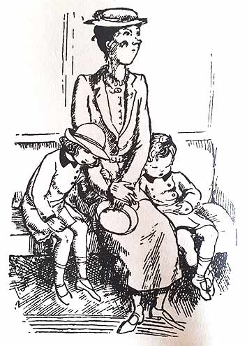 illustrazione Mary Poppins, Michael e Jane sull'autobus - il libro - P.L  Travers - illustratrice Mary Shepard