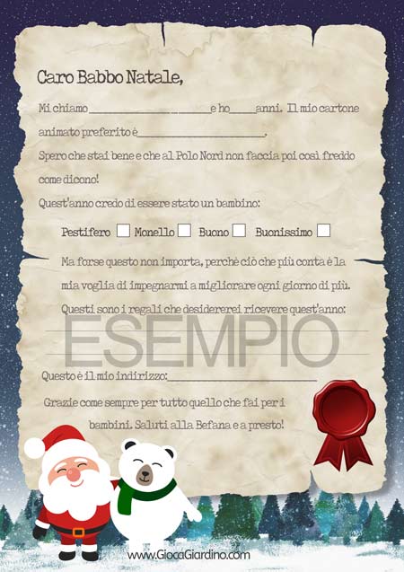 Letterina a Babbo Natale con testo da Stampare - modello Notte di Natale - Formato A4 - per maschietti e femminucce