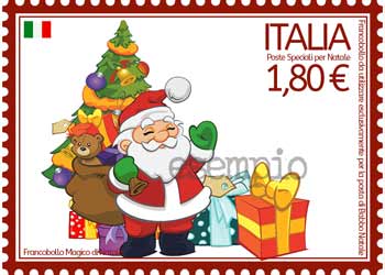 Francobollo con Babbo Natale e albero di Natale con regali - per letterina - perfetto per bambini in età prescolare - da stampare
