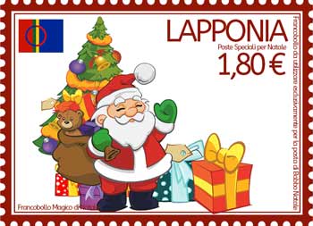 francobollo Babbo natale con albero e regali - lettera di risposta dalla Lapponia - da stampare