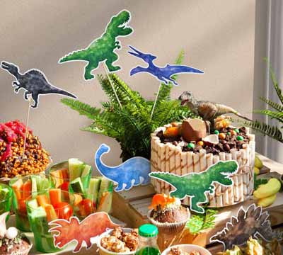 addobbi e tavola a tema dinosauri - sagome di carta di dinosauro con bastoncino per il buffet