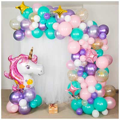 allestimento palloncini fai da te per festa unicorno - arco angolare