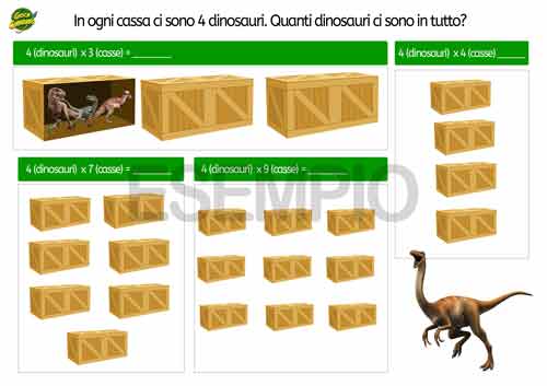 gioco con la tabellina del 4 da stampare - quanti dinosauri ci sono nelle casse?