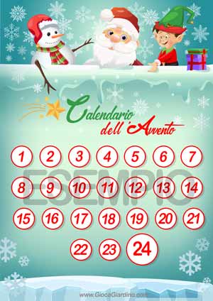 calendario dell'avvento da stampare con babbo natale, pupazzo di neve e elfo