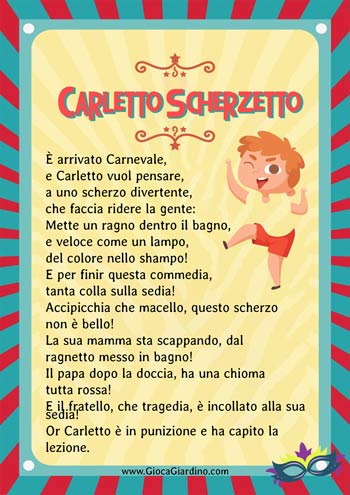 Carletto Scherzetto - Filastrocca Carnevale in rima per bambini da stampare