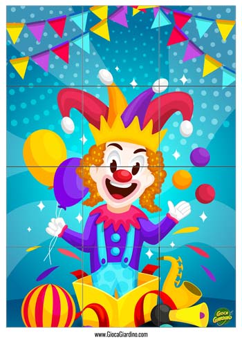 Funny Clown - Puzzle per Carnevale da stampare per bambini piccoli scuola infanzia con pezzi quadrati