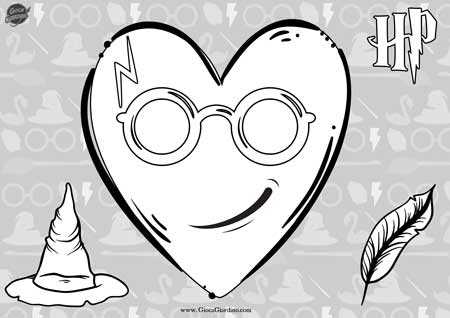 cuore di Harry Potter da colorare - con occhiali, cicatrice a forma di fulmine, cappello parlante e penna d'oca