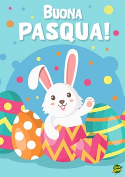 coniglietto giocoso saluta tra le uova di pasqua - biglietto di pasqua per bambini da stampare gratis
