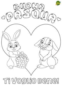Cuore con coniglietti - biglietto Auguri di Buona Pasqua - Ti voglio bene - da colorare gratis