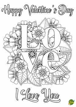 biglietto di San Valentino in inglese - stile mandala con scritta LOVE - Happy Valentine's Day - I love you