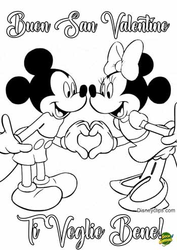 Minnie e Topolino - biglietto da stampare e colorare per bambini di San Valentino con scritta ti voglio bene