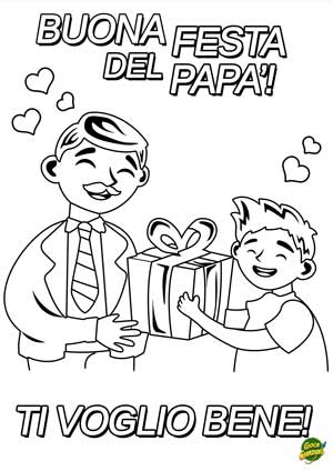 Bambino consegna regalo per la festa del papà - biglietto da colorare per la festa del papà