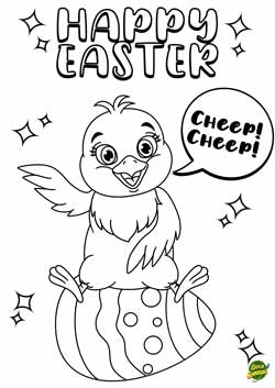 Happy Easter - biglietto di Pasqua da colorare in inglese - pulcino su uovo