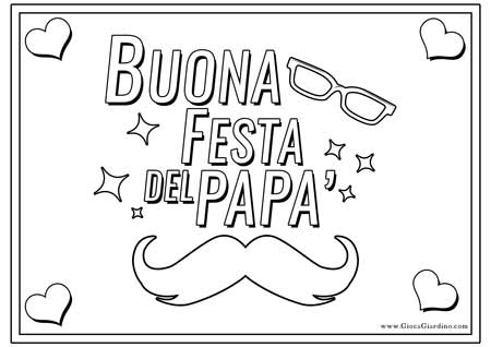 Scritta Buona festa del papà da colorare con baffi cuori e occhiali