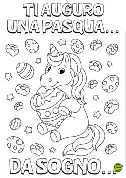 Unicorno e uova - Ti auguro una pasqua da sogno - biglietto da stampare e colorare gratis