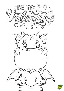 biglietto da colorare per bambini in inglese - drago con un cuore in mano - Be my valentine