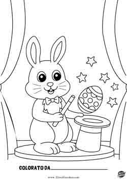 coniglio mago fa apparire un uovo di pasqua dal cilindro - disegno da colorare per bambini