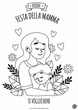 mamma e figlio con fiori e foglie - buona festa della mamma - disegno da colorare