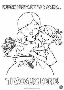 Mamma e figlia con biglietto d'auguri - disegno per la festa della mamma da colorare