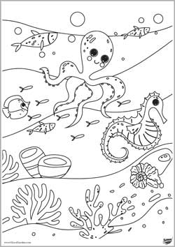 disegno mare da colorare con animali - polipo, cavalluccio marino, pesci