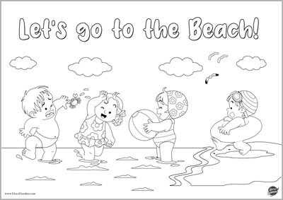 bambini giocano in riva al mare - let's go to the beach - disegno tema estate in inglese